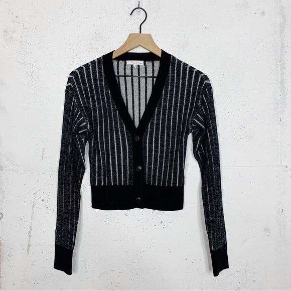 Rag & Bone Button Front Striped Black Fitted Cardigan Sweater - Picture 1 of 9